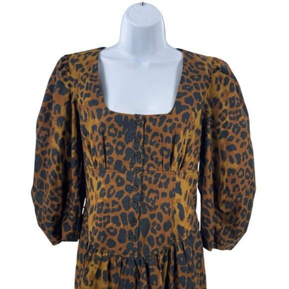 Tuckernuck NEW Leopard Graciela Puff Sleeve Square Neck Midi Dress Size 4 - Picture 4 of 10